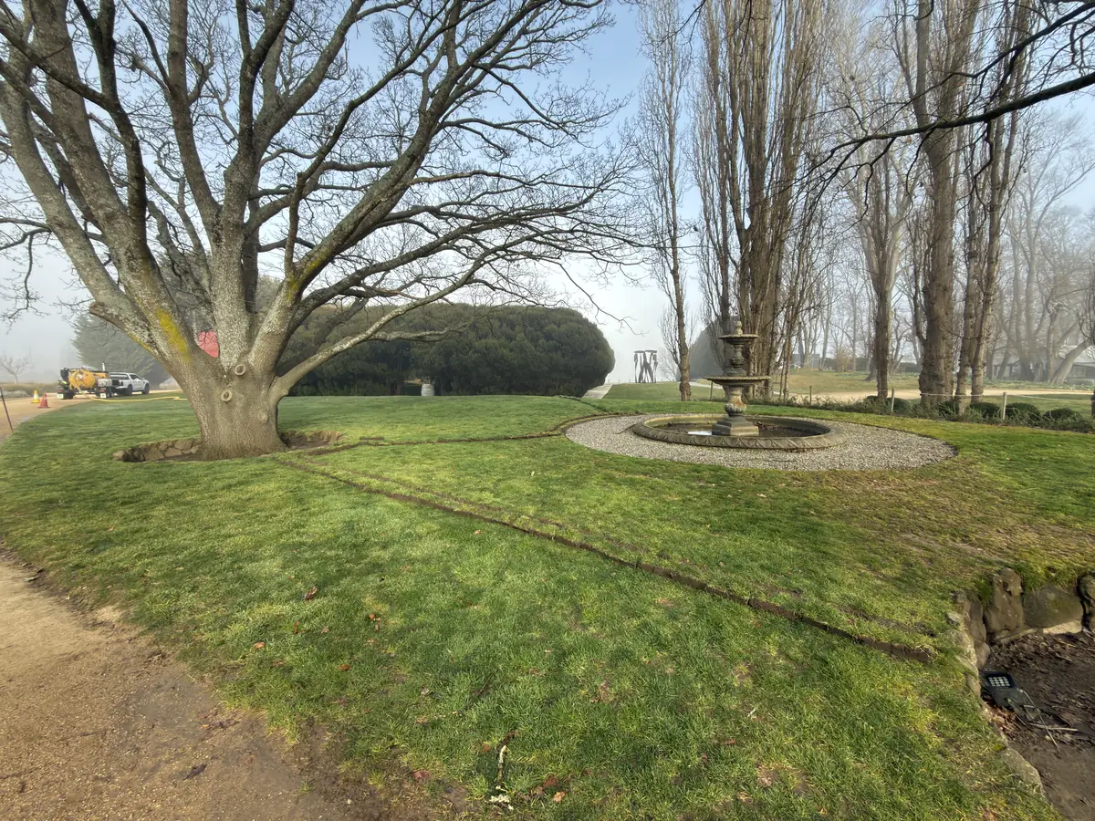 A long narrow trench through grounds with mature trees